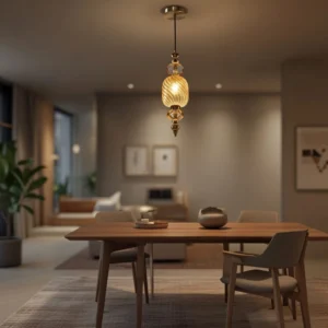 Luxe Amber Art Glass Pendant Light - Spiral Ribbed Murano-Style Hanging Lamp with Brass Accents