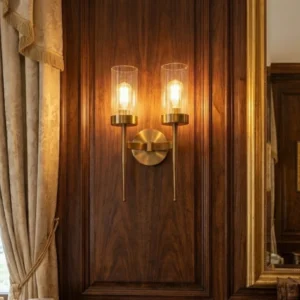 Mid-Century Modern Double Wall Sconce - Gold Brass with Glass Hurricane Shades